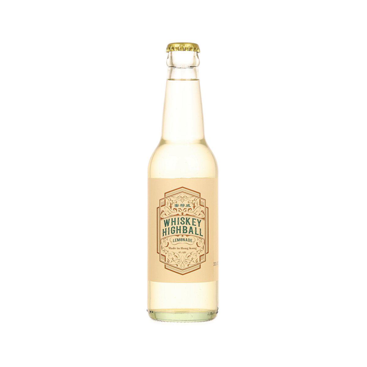Lemonade whiskey highball bottle with gold cap, front label and pale yellow liquid
