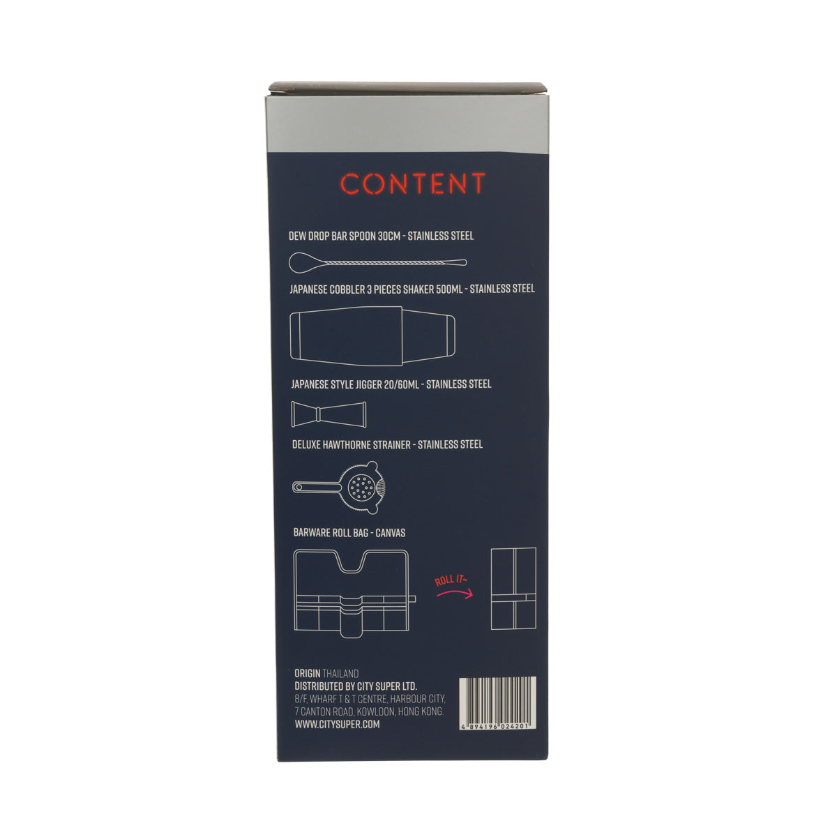 Bar tool set packaging back showing included jigger tools and diagrams