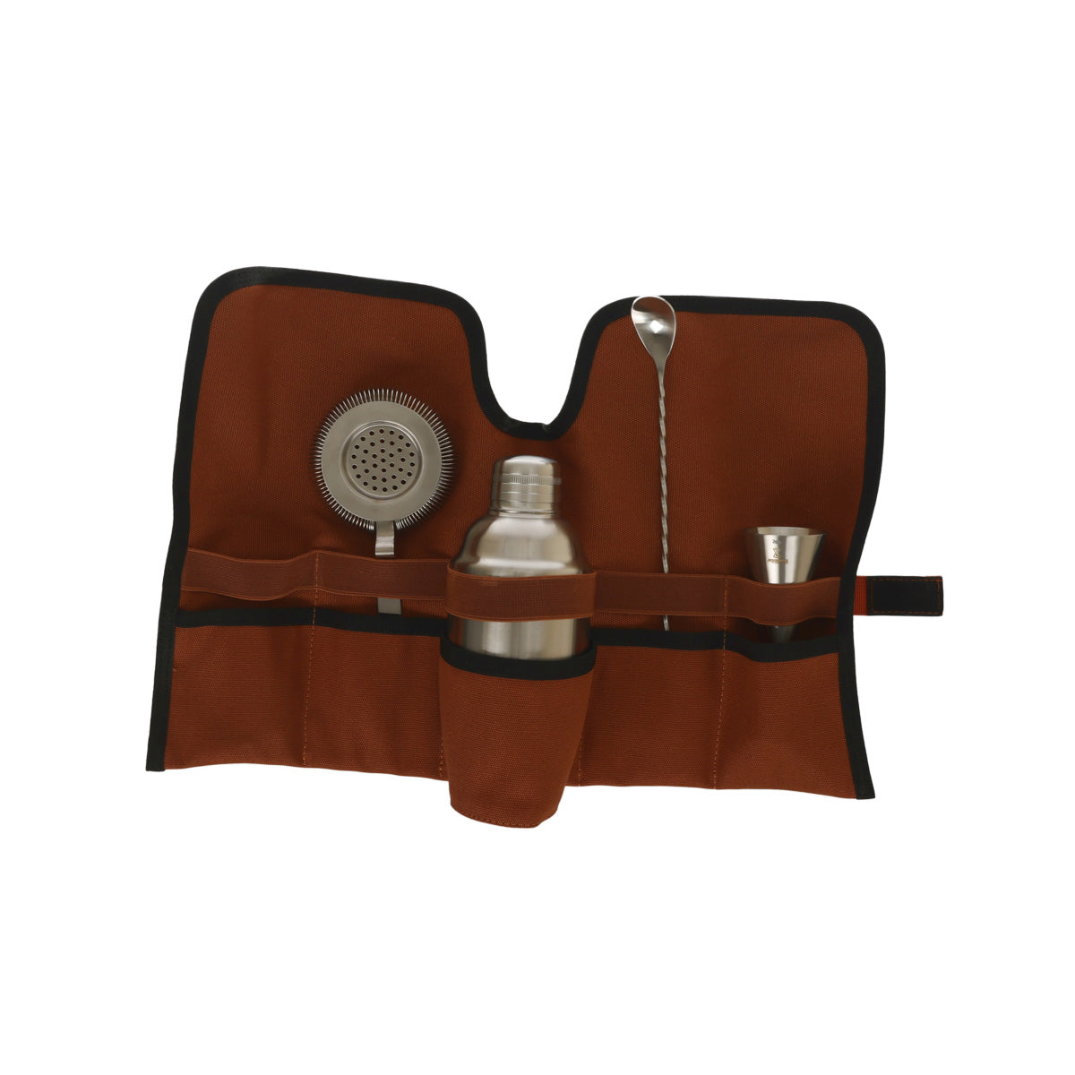 Stainless jigger barware set with brown canvas storage roll and metal measuring pieces