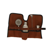 Stainless jigger barware set with brown canvas storage roll and metal measuring pieces