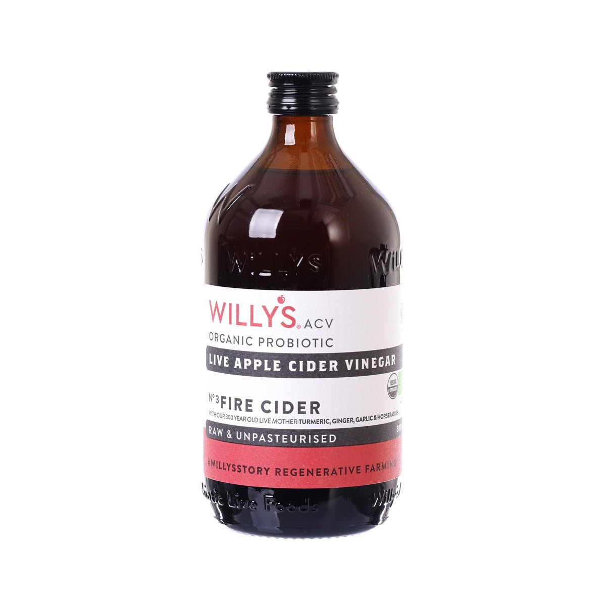WILLY’S organic live apple cider vinegar bottle, dark brown glass, with label front