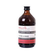 WILLY’S organic live apple cider vinegar bottle, dark brown glass, with label front
