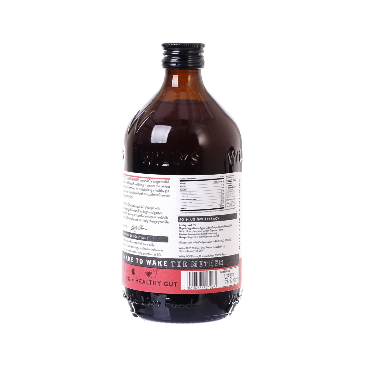 WILLY’S live apple cider vinegar bottle, back label with nutrition and directions