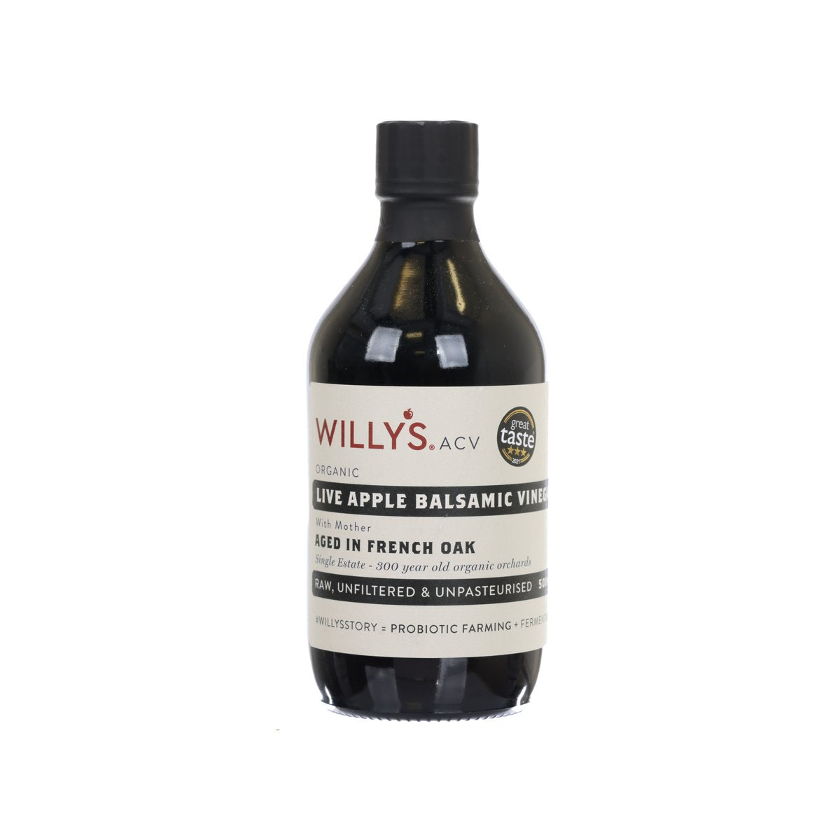 WILLY’S live apple balsamic vinegar in dark glass bottle with black cap, 500 mL