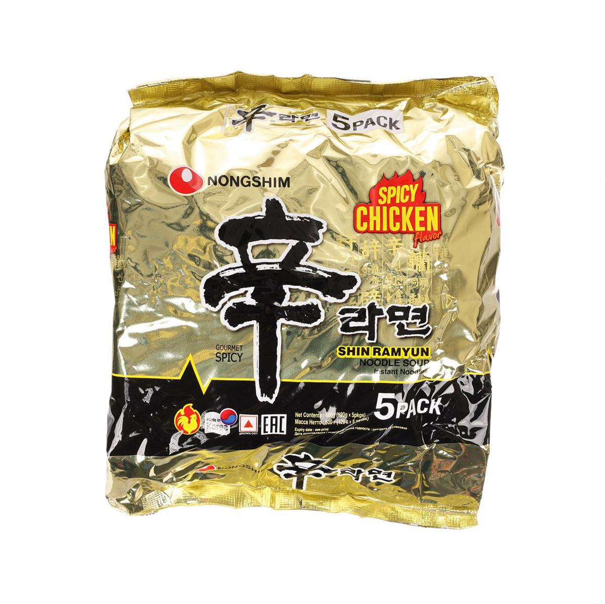 NONGSHIM spicy chicken ramen noodle 5-pack pouch, gold and black packaging