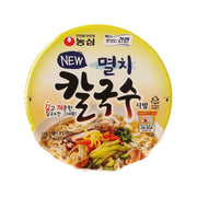 Instant noodle cup with anchovy flavor, yellow front label and bowl graphic