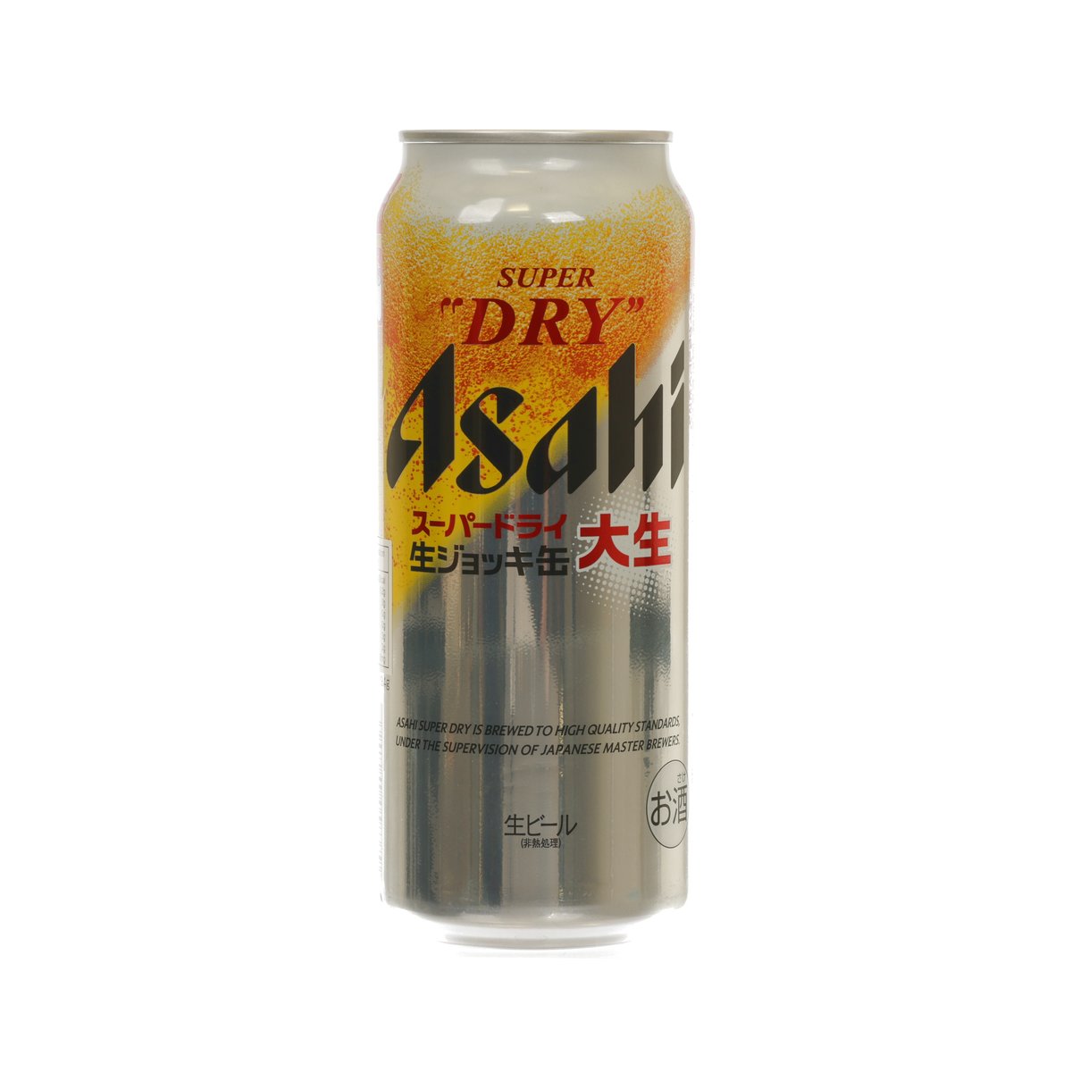 Asahi Super Dry beer can, silver with orange gold front label, 485 mL