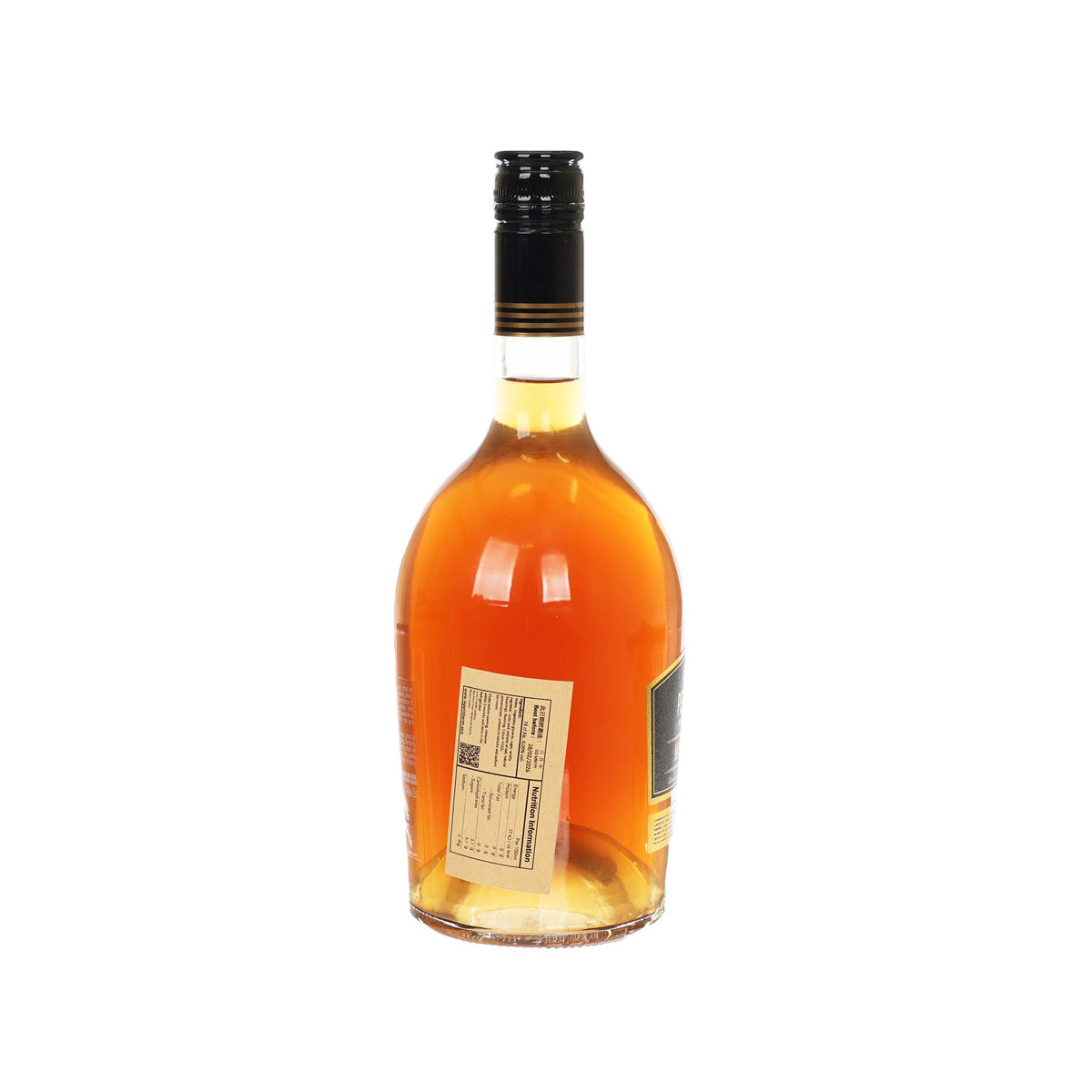 Non-alcoholic malt blend whisky bottle, amber glass, black cap, back label