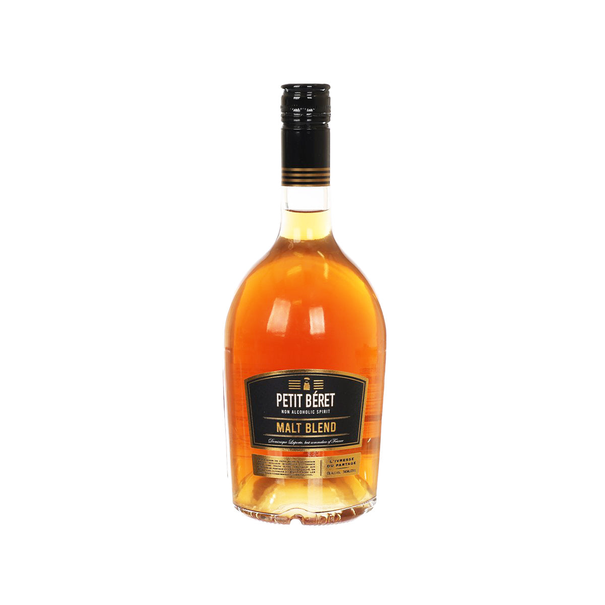 Non-alcoholic malt blend whisky bottle, amber glass, black cap, front label