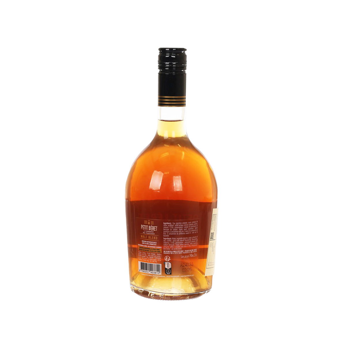 Non-alcoholic malt blend whisky bottle, amber glass, black cap, rear label and text