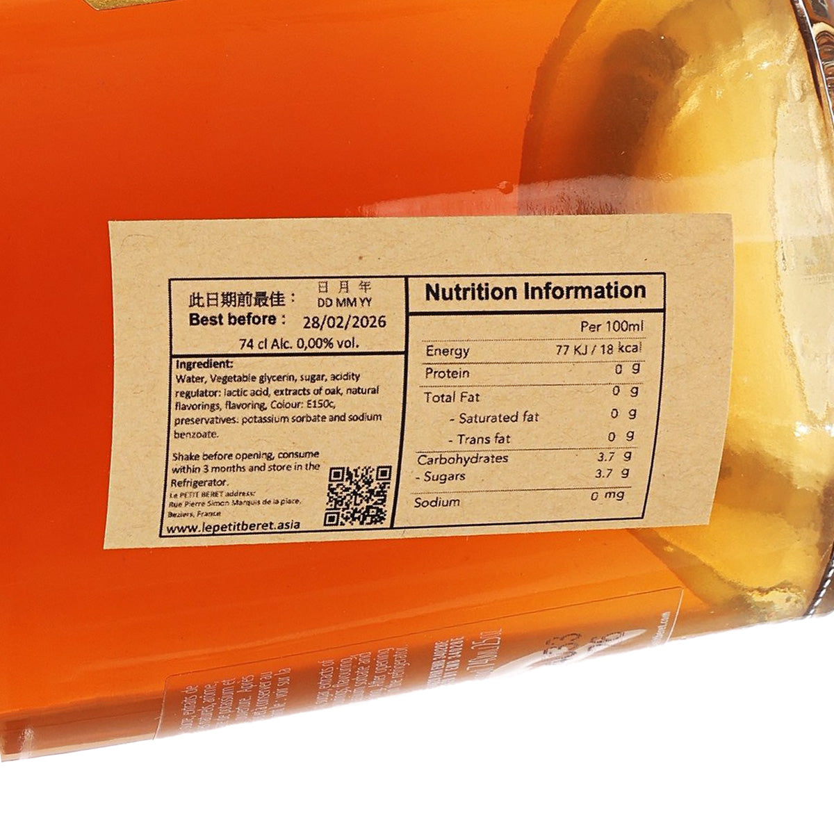 Non-alcoholic malt blend whisky bottle, close-up of nutrition information label