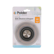 Grey pop-up sink strainer and stopper with round perforated metal insert