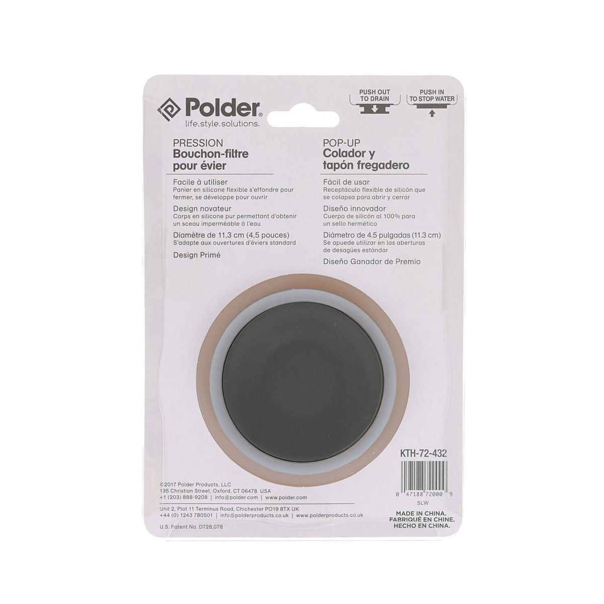 Grey pop-up sink strainer and stopper with flat dark round cover on package