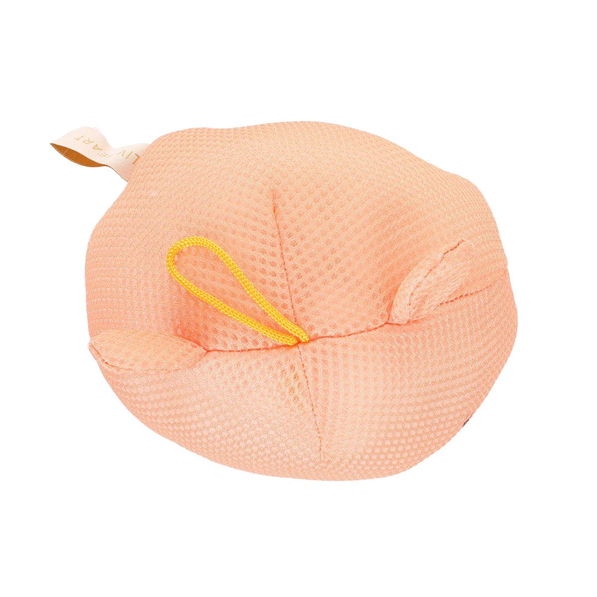 Peach octopus-shaped body sponge with yellow hanging loop