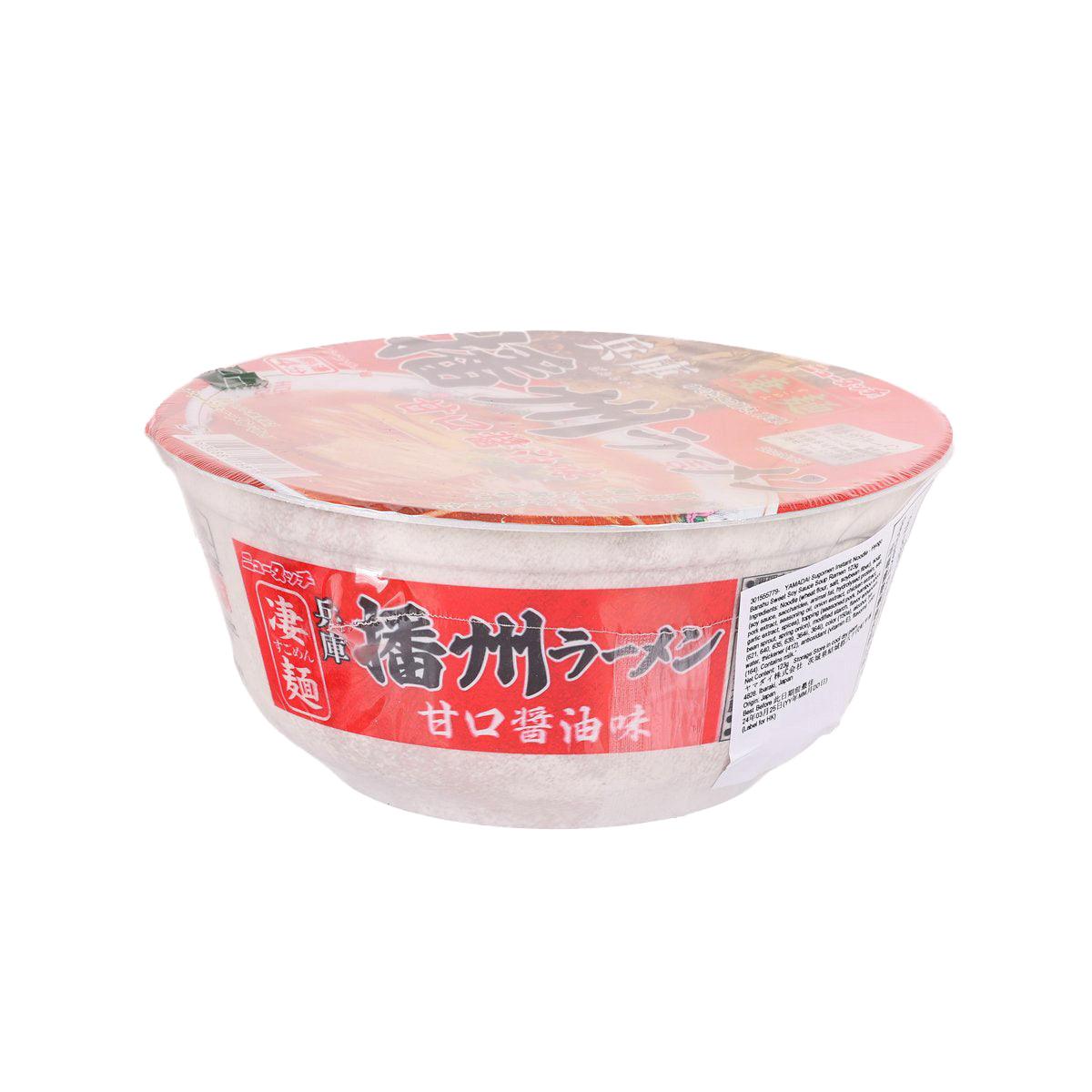 Instant ramen cup, side view with red label for sweet soy sauce soup ramen