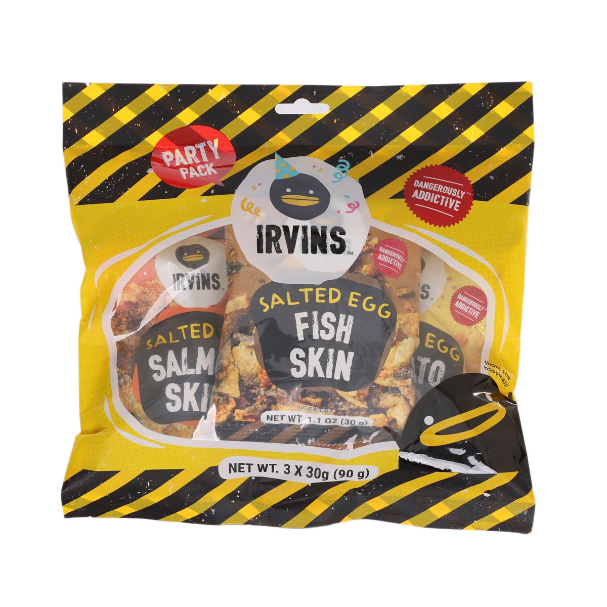 IRVINS salted egg fish skin snack party pack, sealed bag with yellow-and-black design