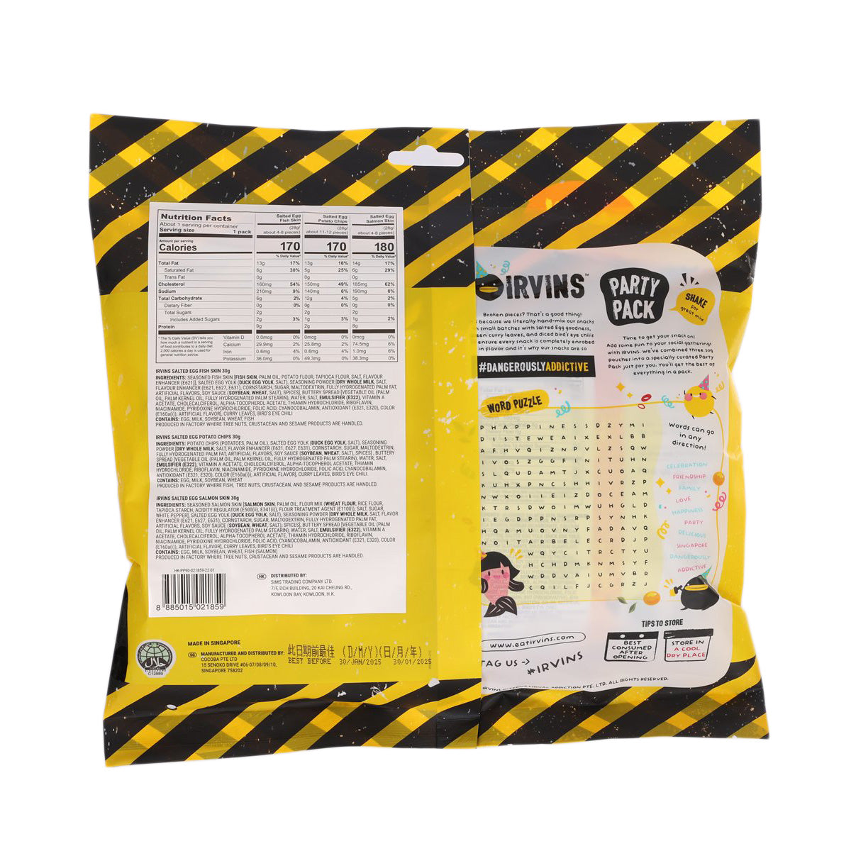 IRVINS salted egg fish skin snack bag, back panel with nutrition and ingredient tables