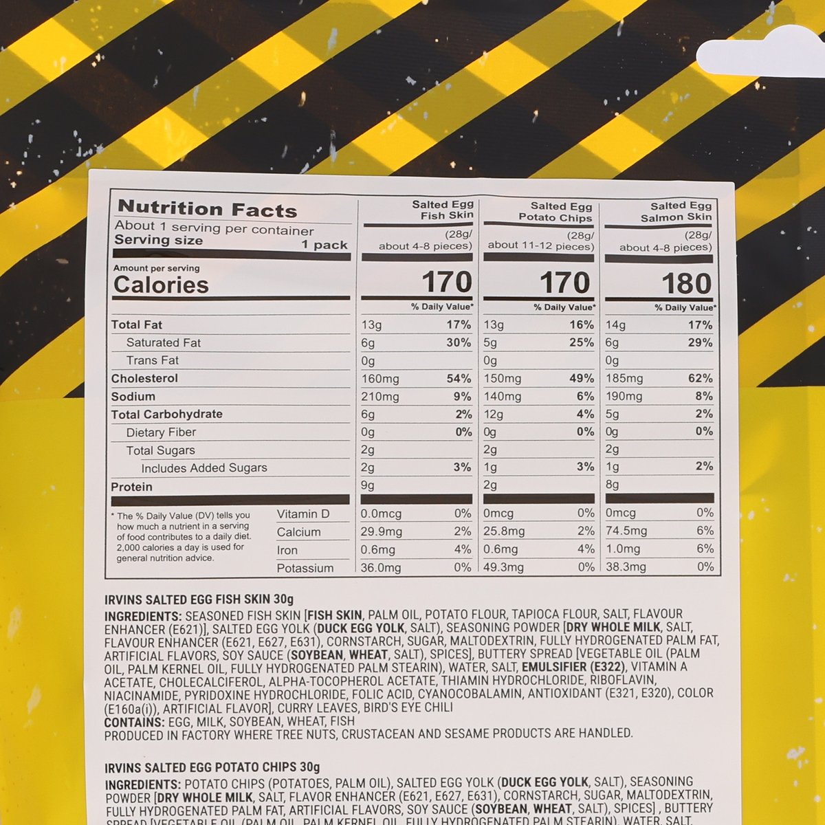Nutrition facts panel for IRVINS salted egg fish skin snack bag