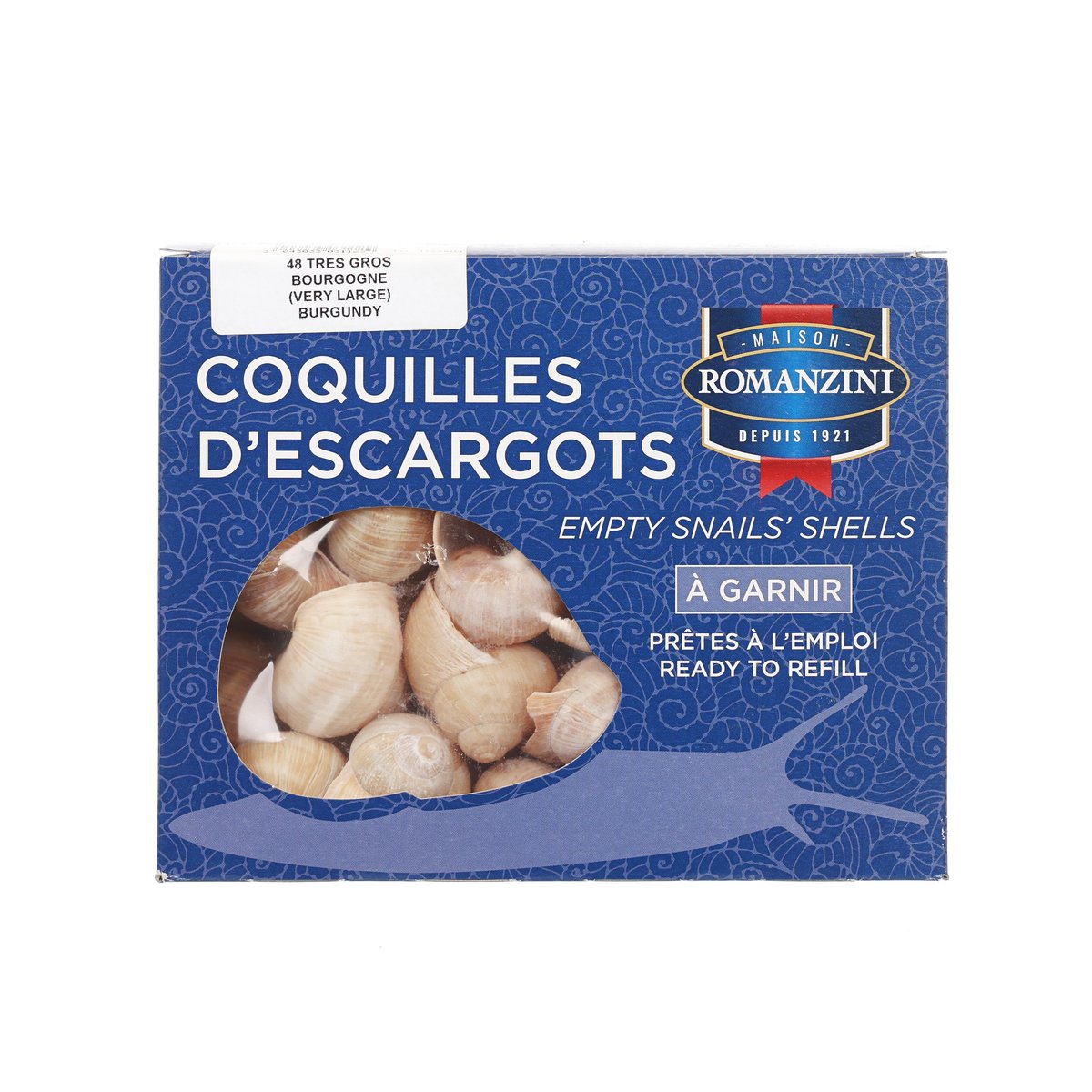 ROMANZINI box of empty snail shells, 48 pieces, beige shells shown through window