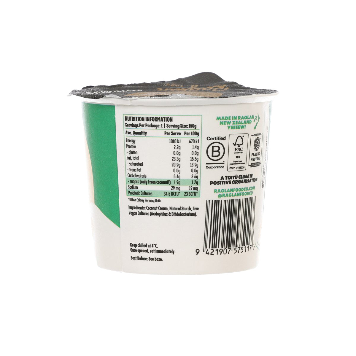 RAGLAN coconut yoghurt cup with barcode and nutrition information panel