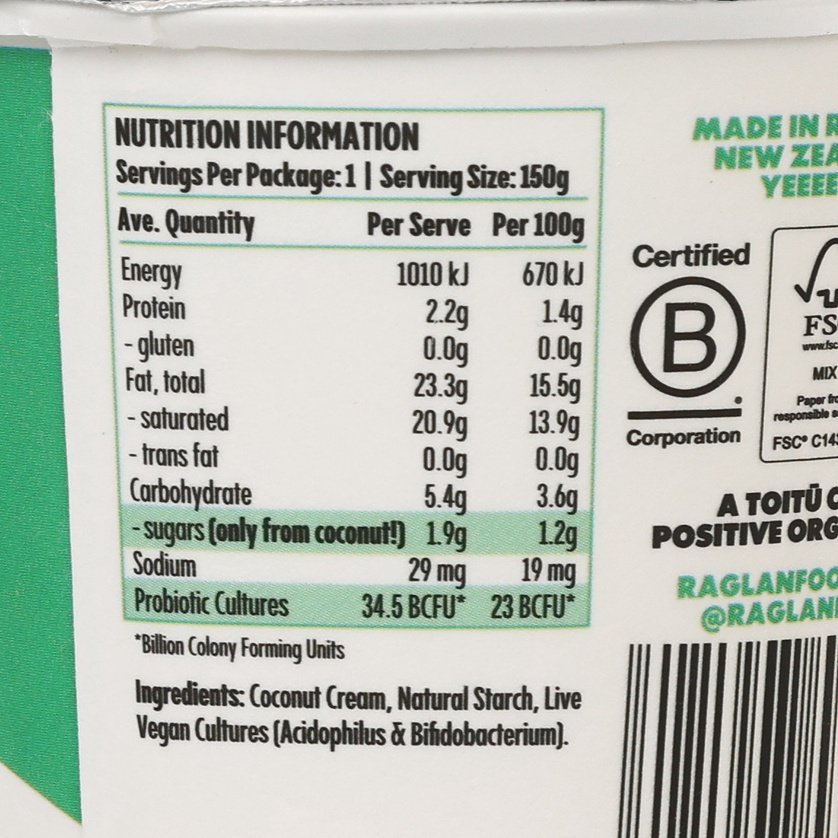 Nutrition information label for RAGLAN dairy-free coconut yoghurt, 150g serving