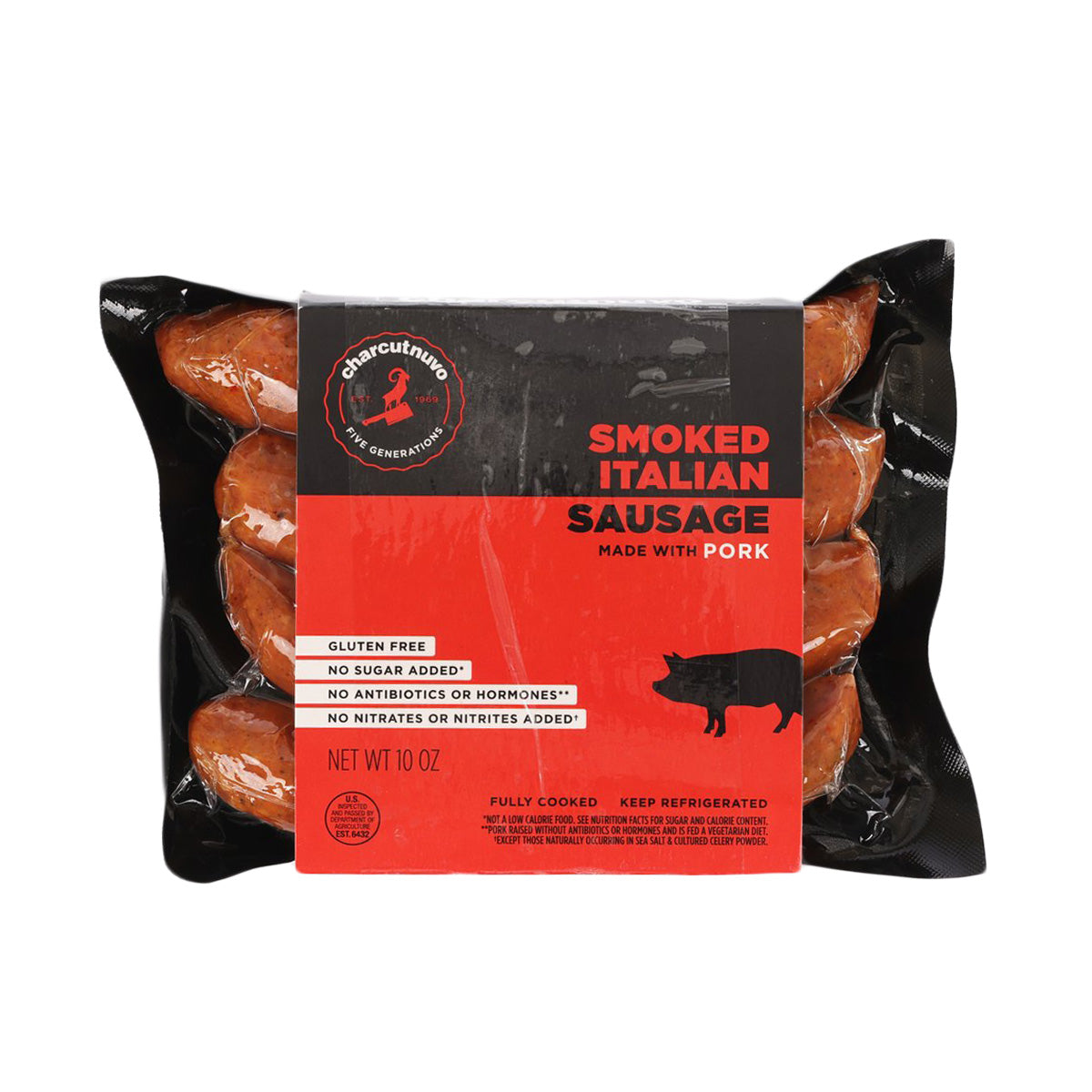 Smoked Italian sausage package by charcutnuvo, net wt 10 oz, fully cooked