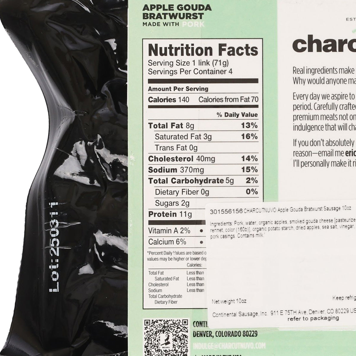 CHARCUTNUVO apple gouda bratwurst nutrition facts label on sausage package