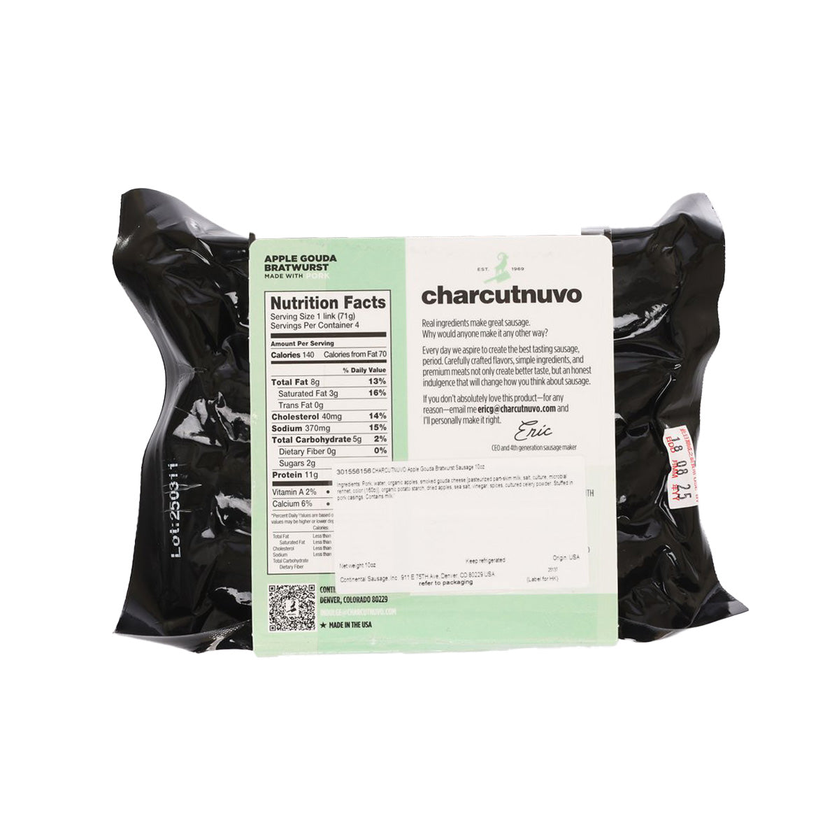 CHARCUTNUVO apple gouda bratwurst sausage package back with nutrition facts panel