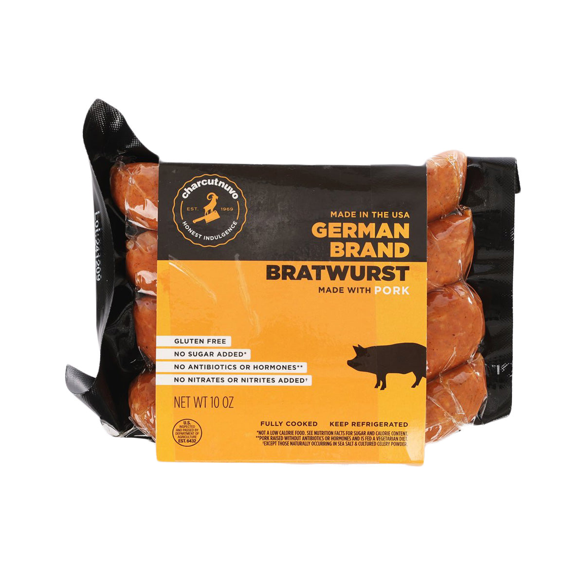 German-style bratwurst sausage pouch, orange-and-black, fully cooked, 10 oz