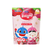 Pink rice snack pouch with cartoon shark and fruit & veggie design, front label.