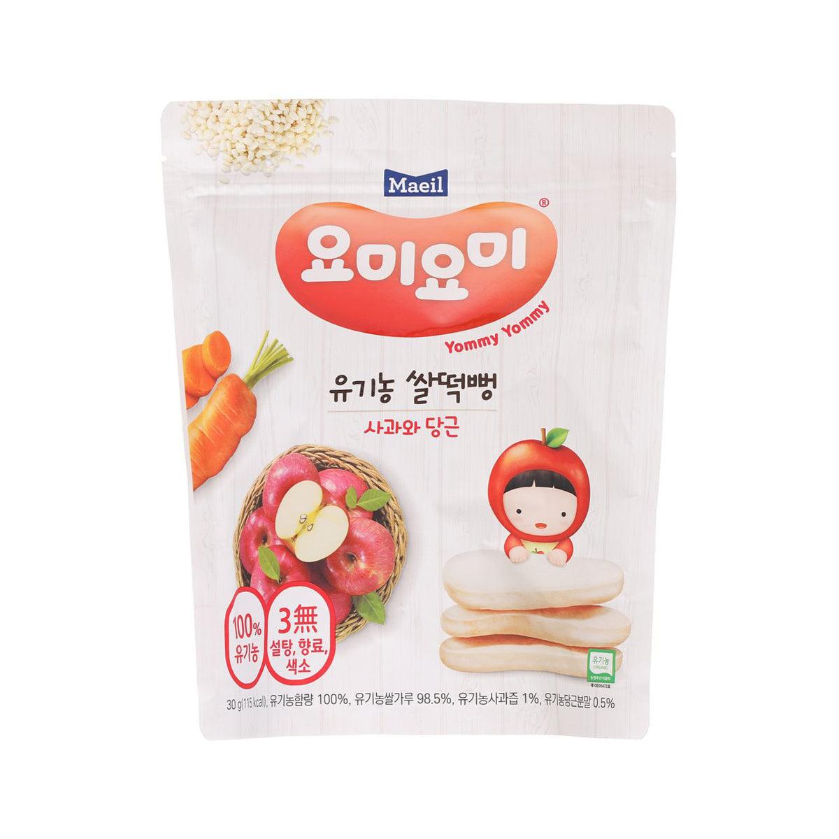 MAEIL organic rice rusk bag, apple and carrot flavor, 30g, front view.