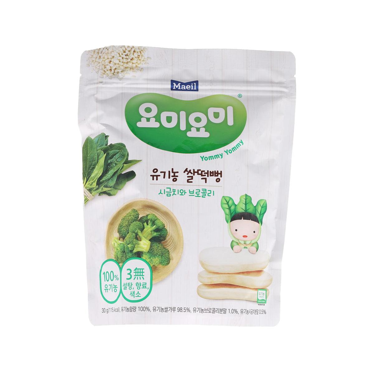 MAEIL organic rice rusk pouch: spinach & broccoli flavor, 30g, front view