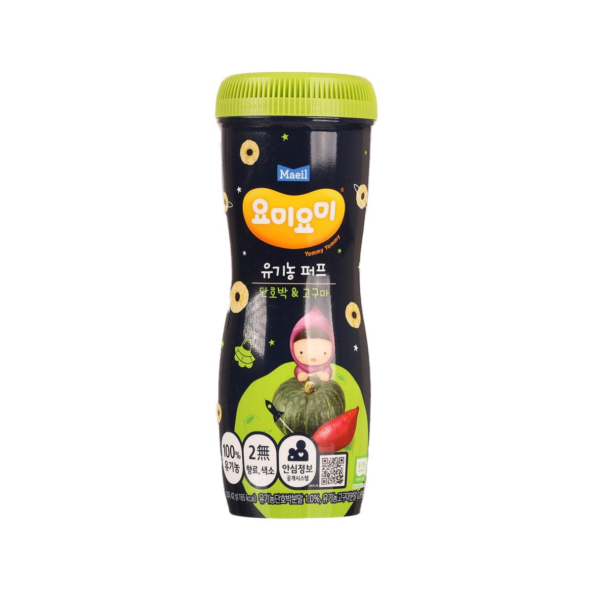 MAEIL organic puff snack bottle with green cap; dark label featuring child and pumpkin graphic