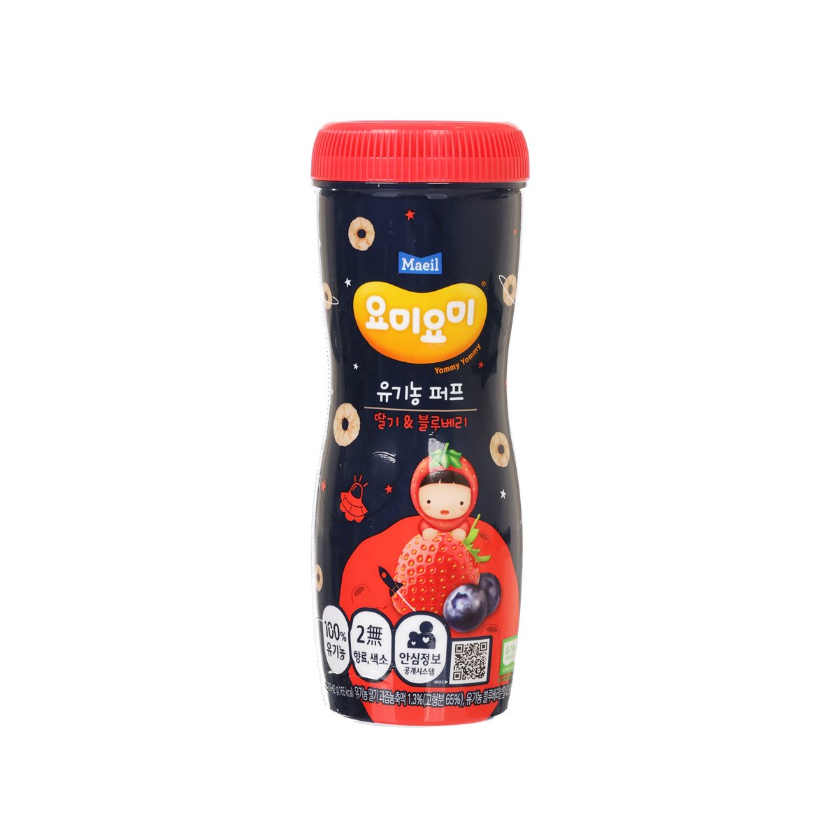 MAEIL organic puff snack bottle with red cap, strawberry and blueberry flavor label
