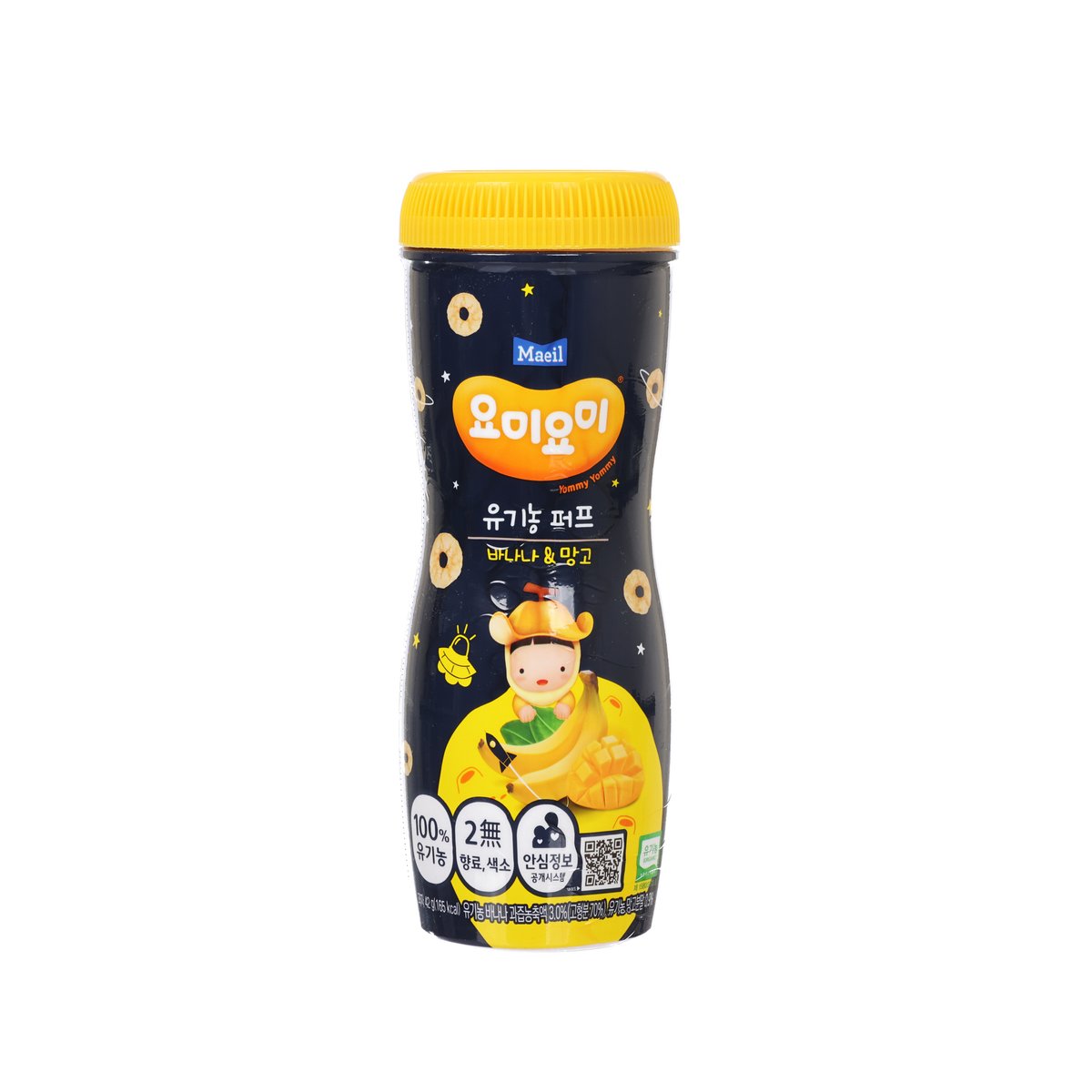 MAEIL organic puff snack bottle, banana & mango, 42g, yellow cap