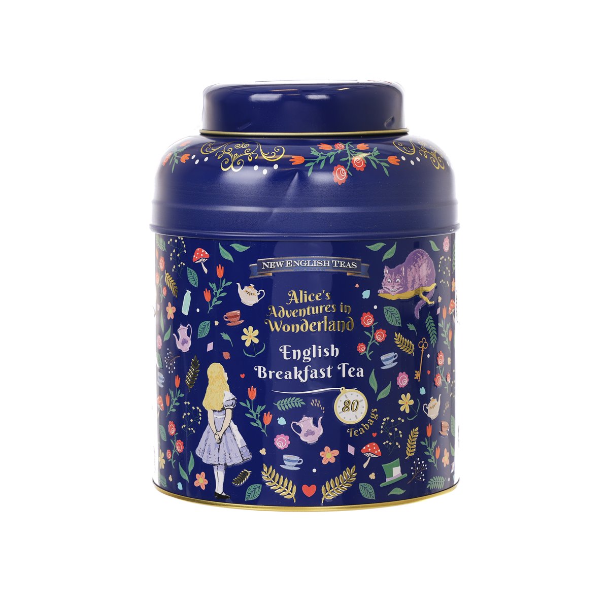 Blue tea caddy tin for English breakfast tea, Alice in Wonderland floral artwork