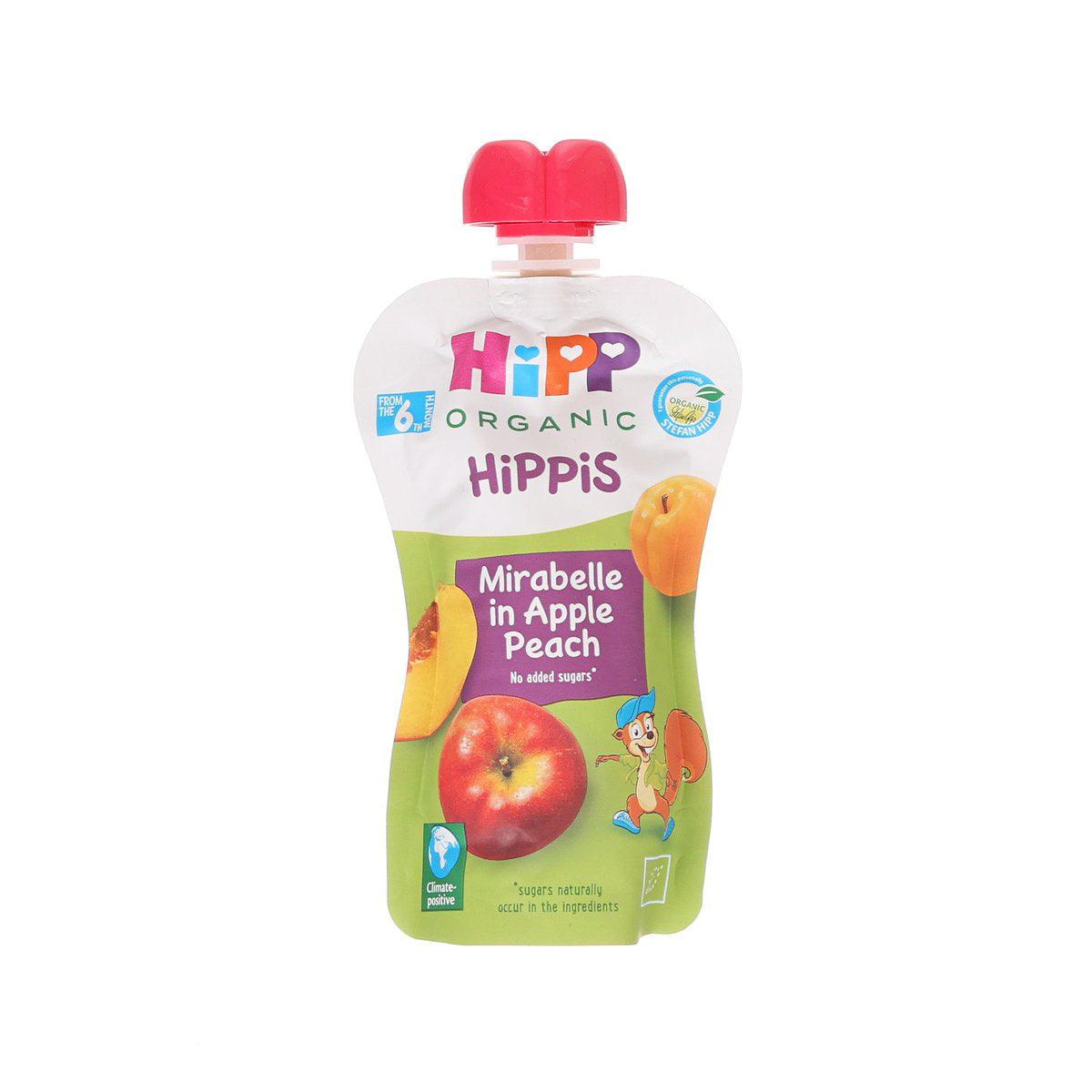 Organic fruit puree pouch with red cap, Mirabelle in apple peach, 100 g