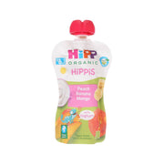 Organic peach banana mango yogurt pouch, red flip-top cap, front label