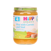 Organic baby food jar—rice with carrots and veal, 190 g, green/yellow front label