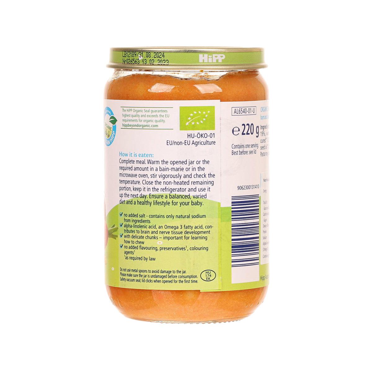 Organic baby pasta jar back label, 220g, orange contents