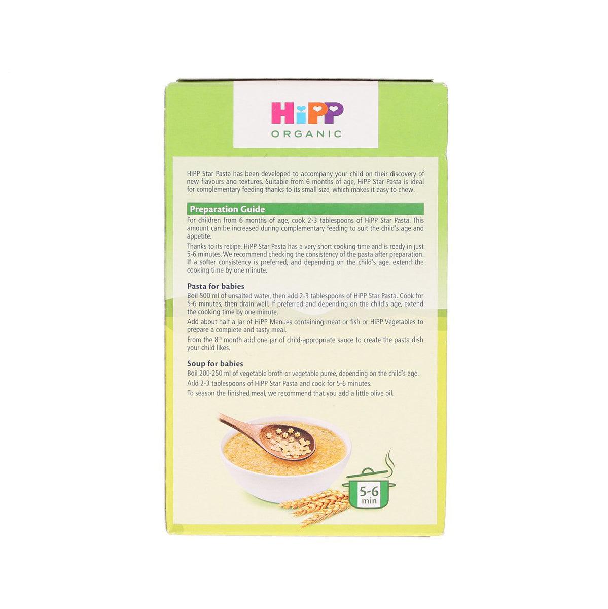 HIPP Organic star pasta box back panel with preparation guide and cooking instructions.