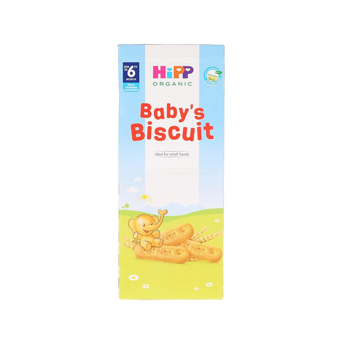 HIPP Organic Baby's Biscuit box, front panel with baby biscuit illustration