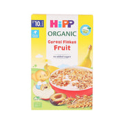HIPP Organic Cereal Flakes Fruit 200g box, front view with banana and cereal bowl