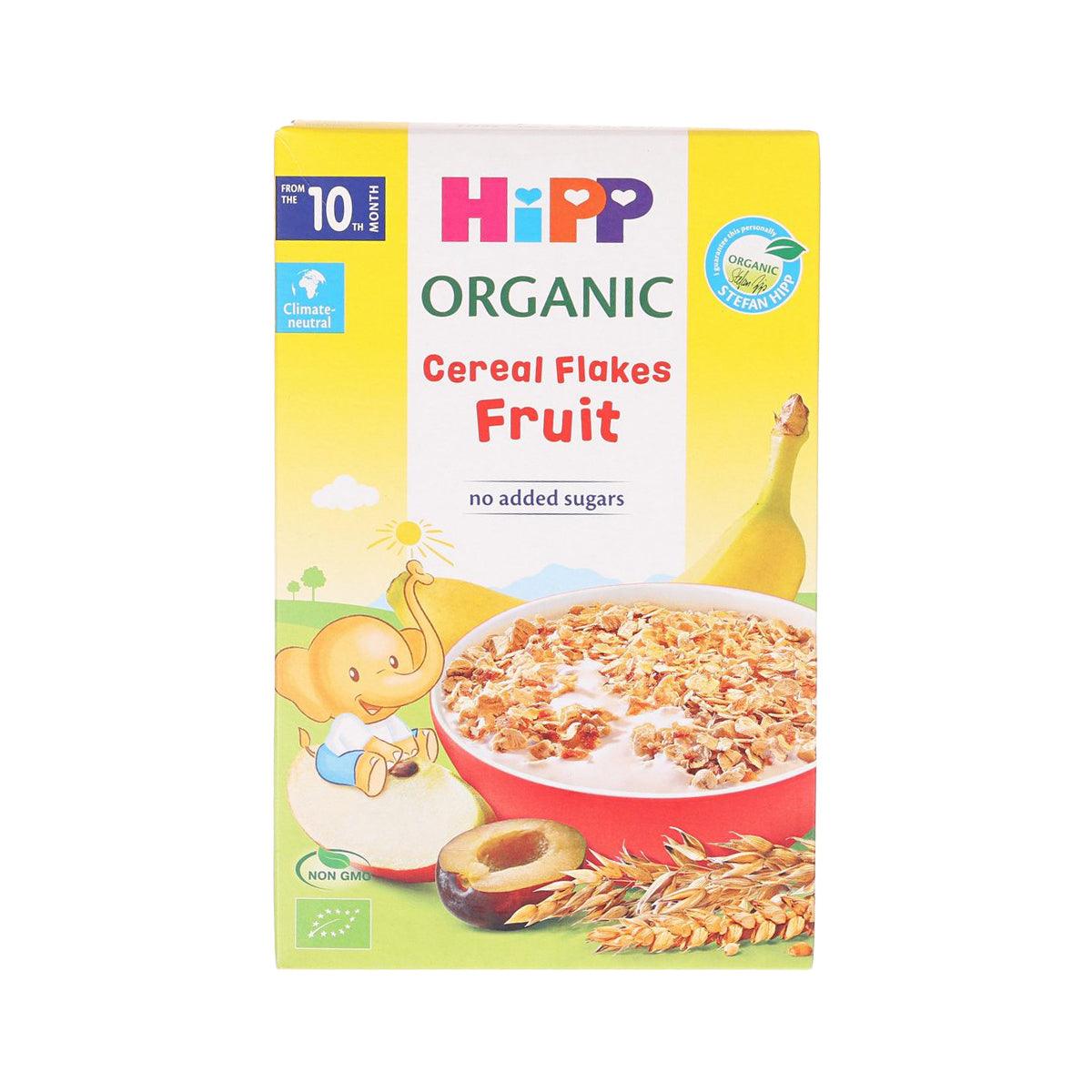 HIPP Organic Cereal Flakes Fruit 200g box, front view with banana and cereal bowl