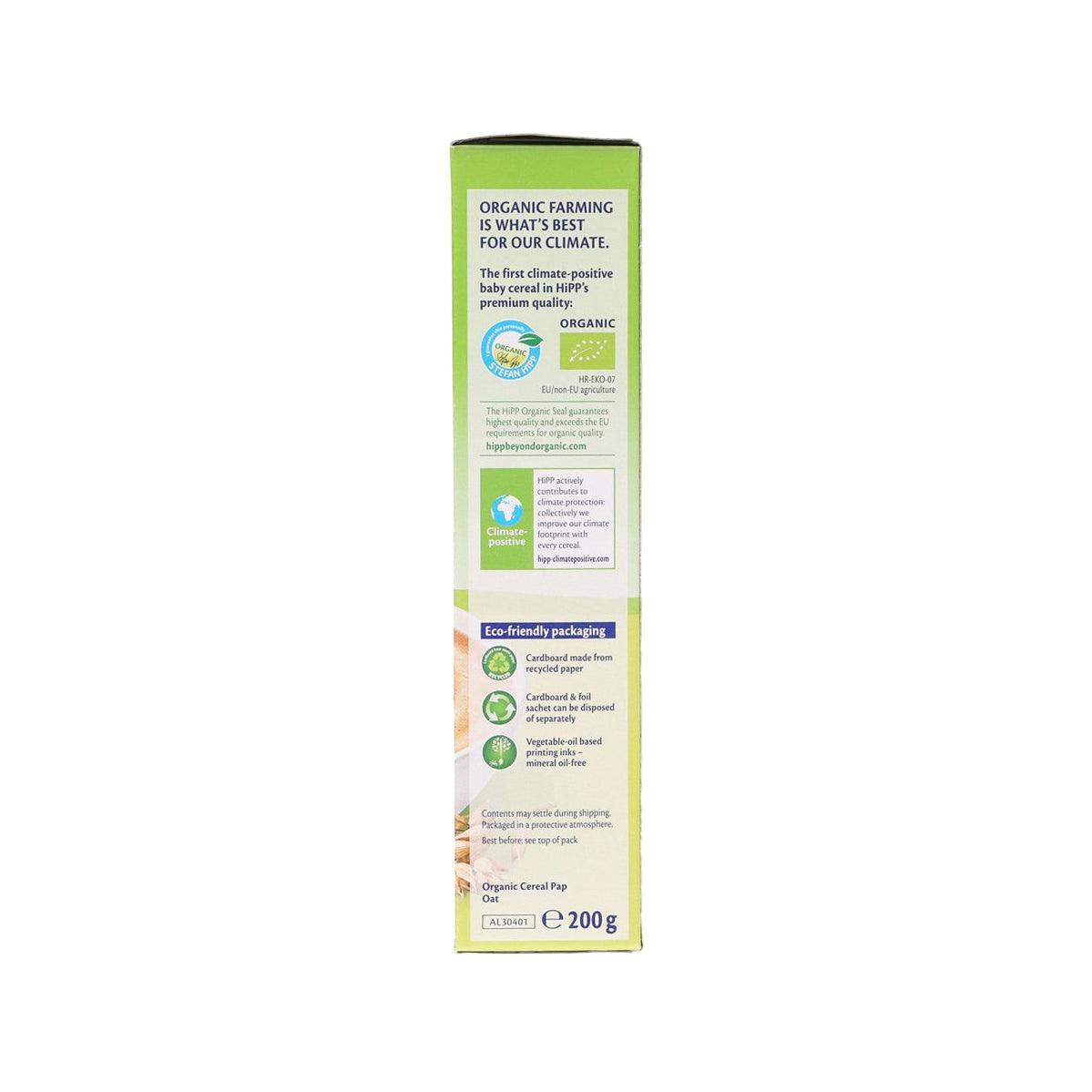 HIPP organic baby cereal box side with organic farming and eco-packaging notes