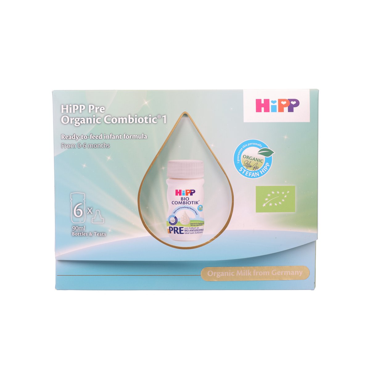 HIPP Pre Organic Combiotic infant formula box, 6x90 mL, bottle graphic