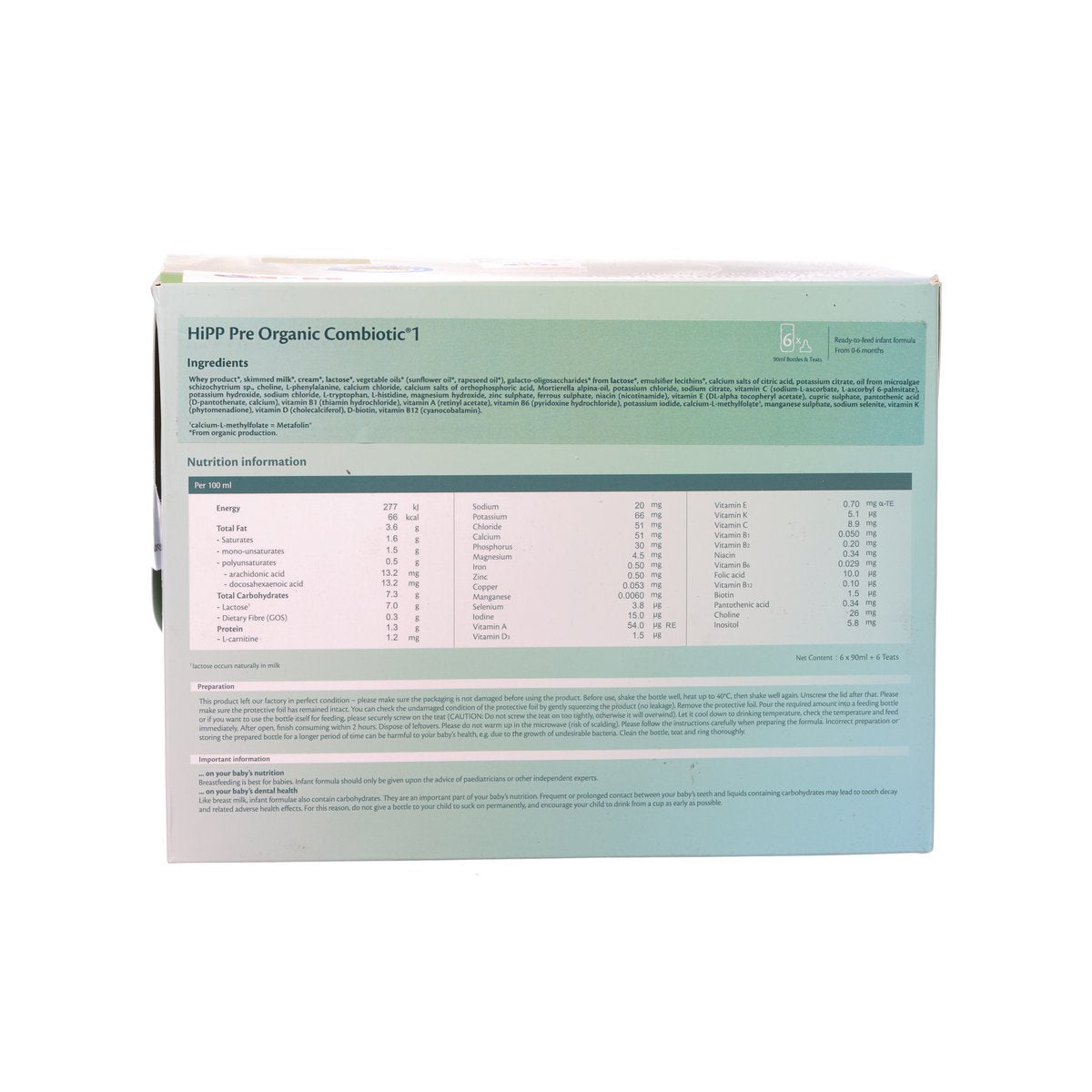 HIPP Pre Organic Combiotic infant formula box, ingredients and nutrition information