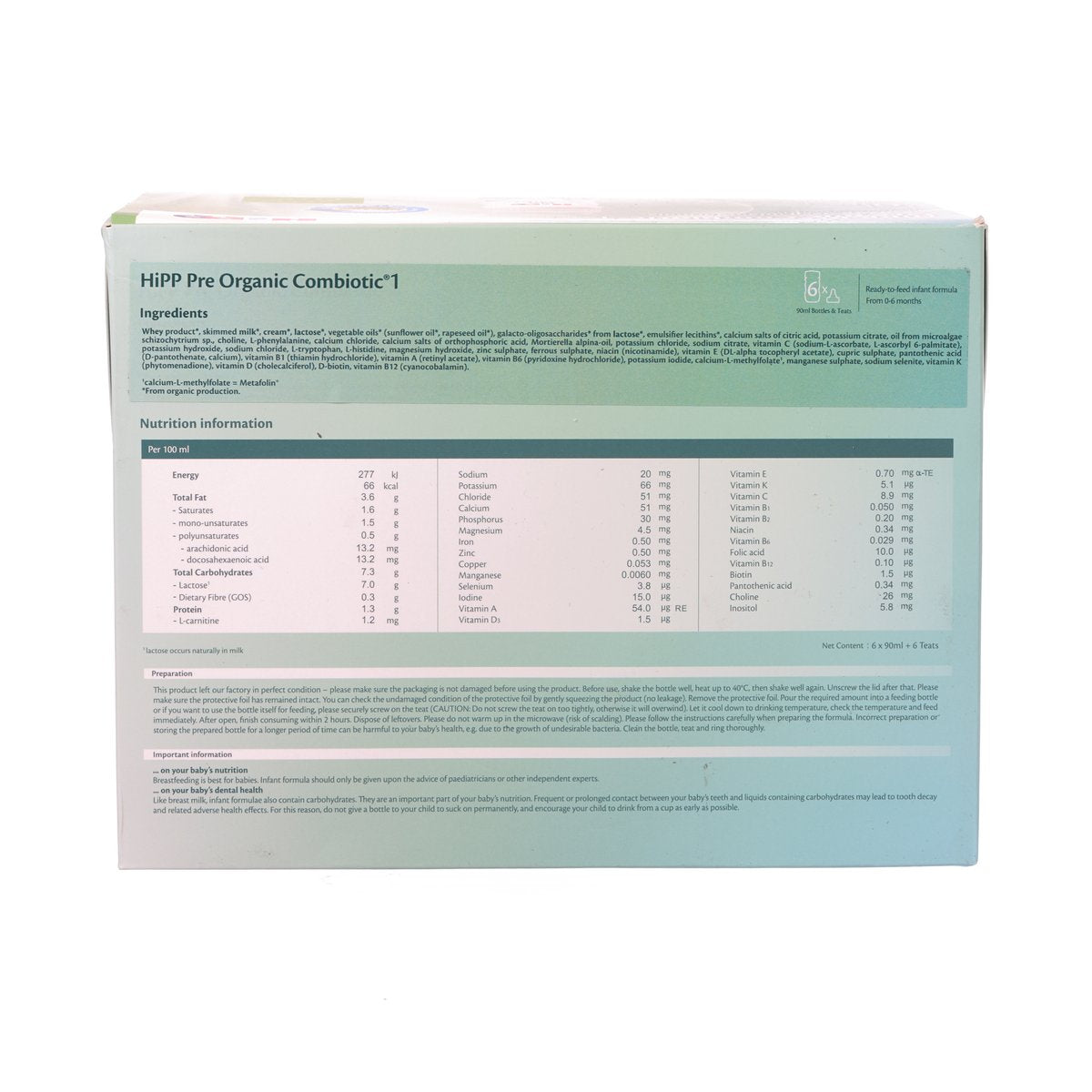 HIPP Pre Organic Combiotic infant formula box, nutrition table on back panel