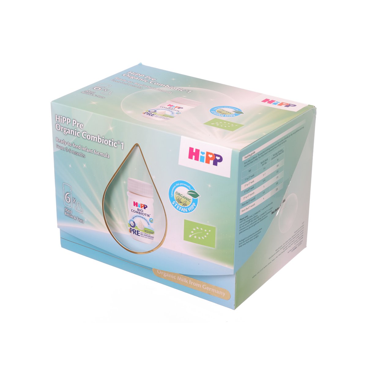 HIPP Pre Organic Combiotic infant formula box, 6x90 mL, side panel view