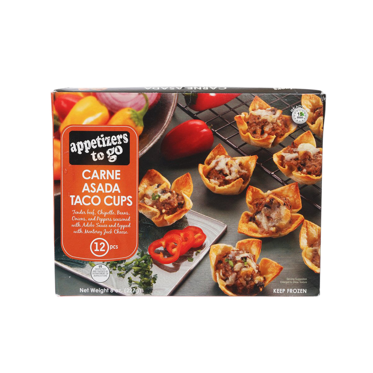 Frozen Carne Asada taco cups in retail box, 12 pcs, net weight 227 g